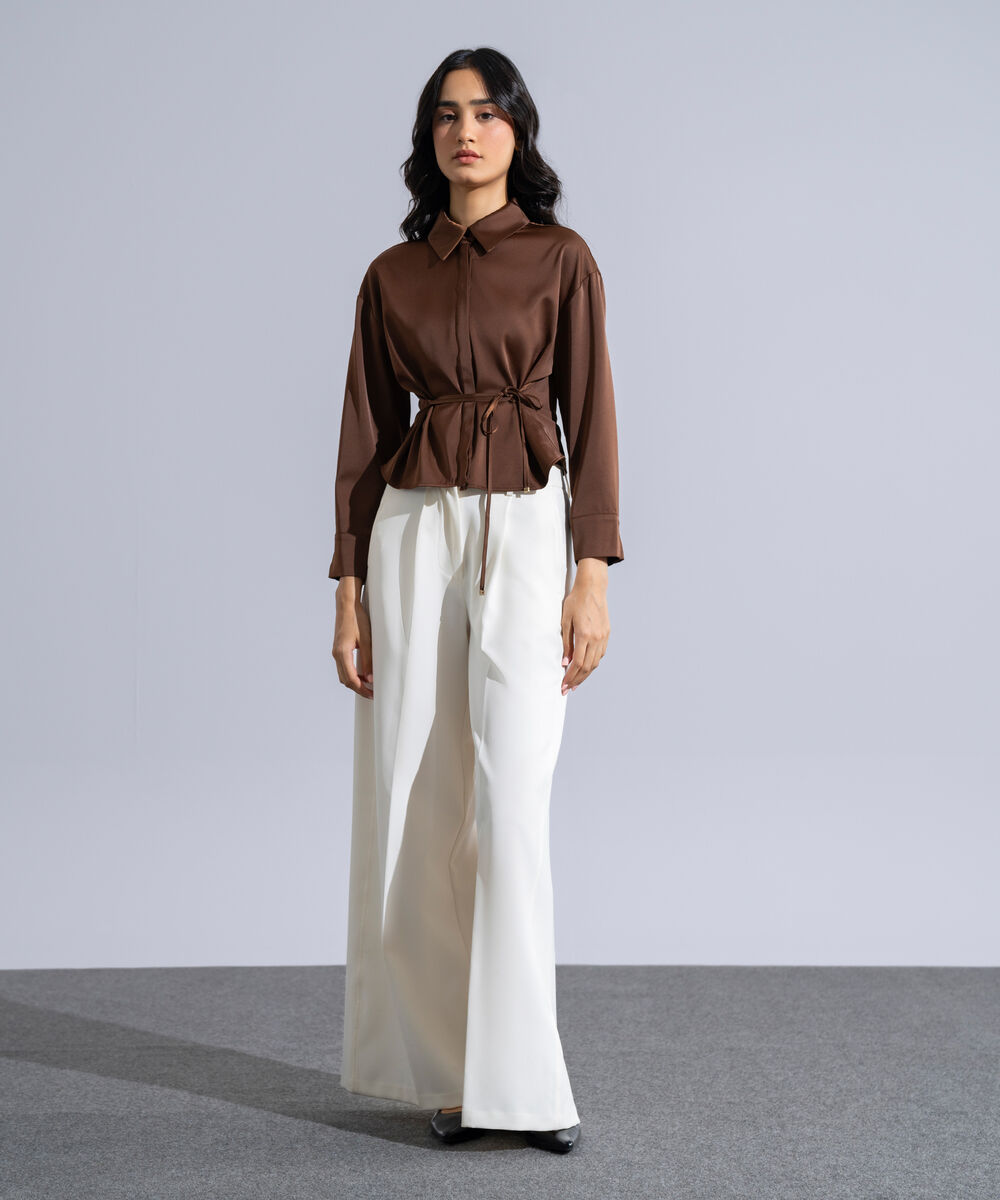 Women's Western Wear Brown Polyester Button Through Top With Drawstring