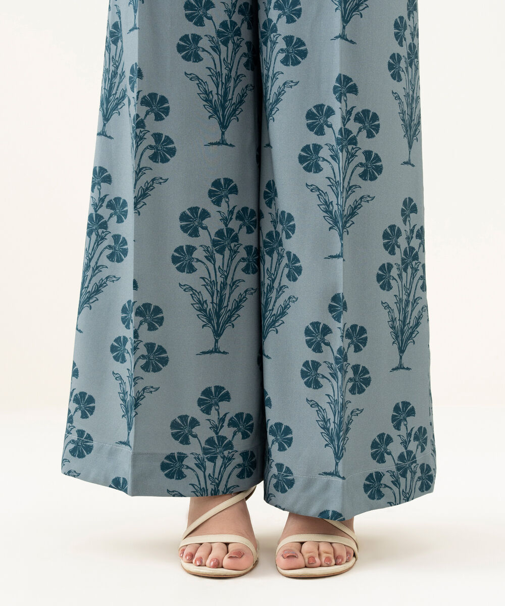 Women's RTW Linen Blue Printed Flared Pants