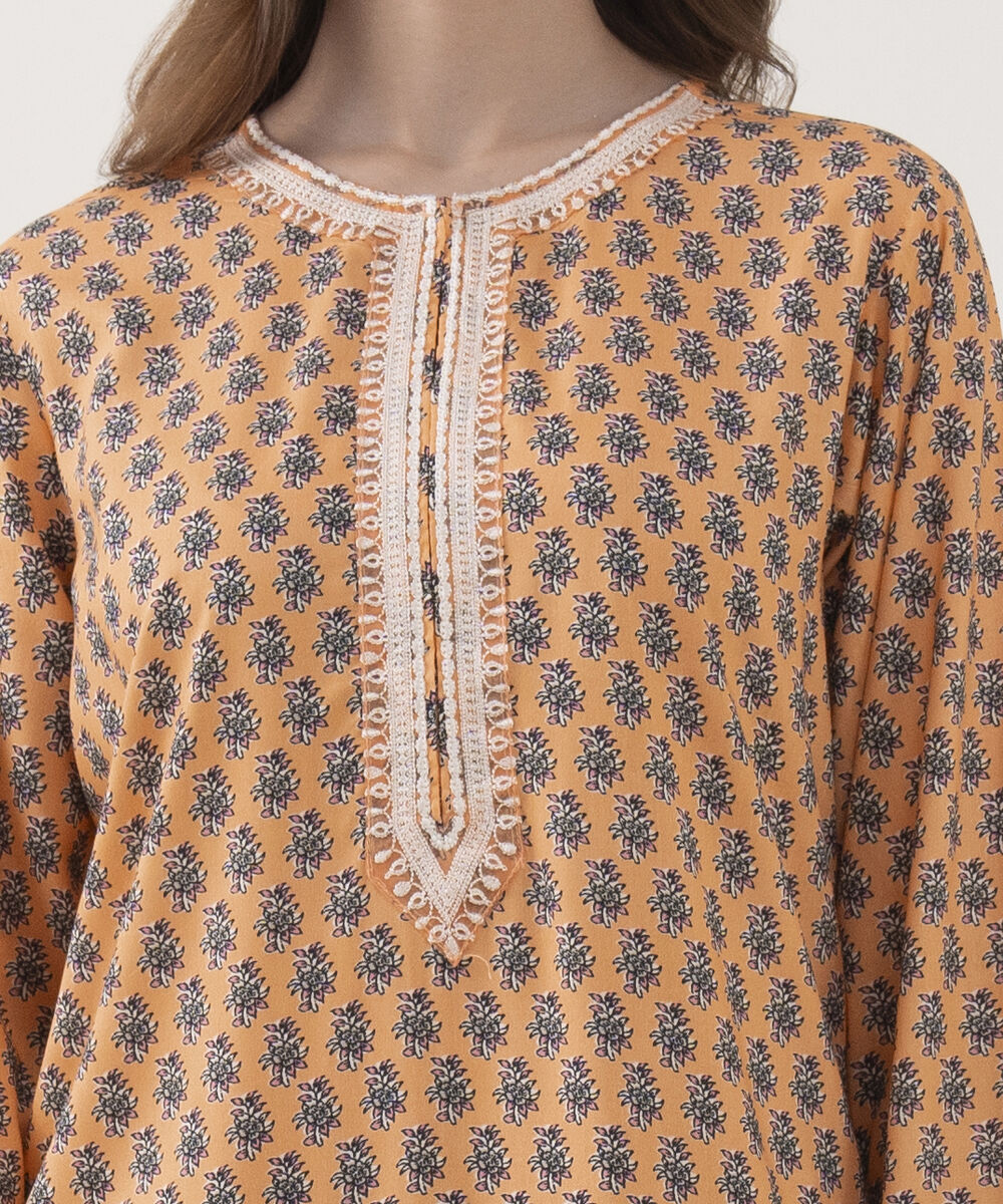 Women's RTW Arabic Lawn Embroidered Straight Orange Shirt