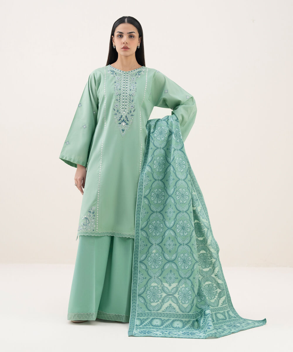 Women's Unstitched Cotton Embroidered Green 3 Piece Suit