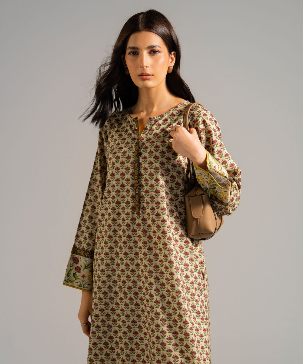 Women's RTW Lawn Printed Green Straight Shirt