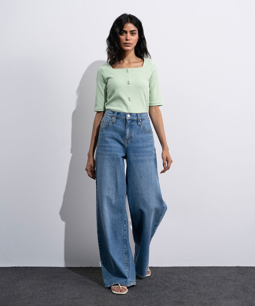 Women's Mint Green Square Neck Ribbed Top