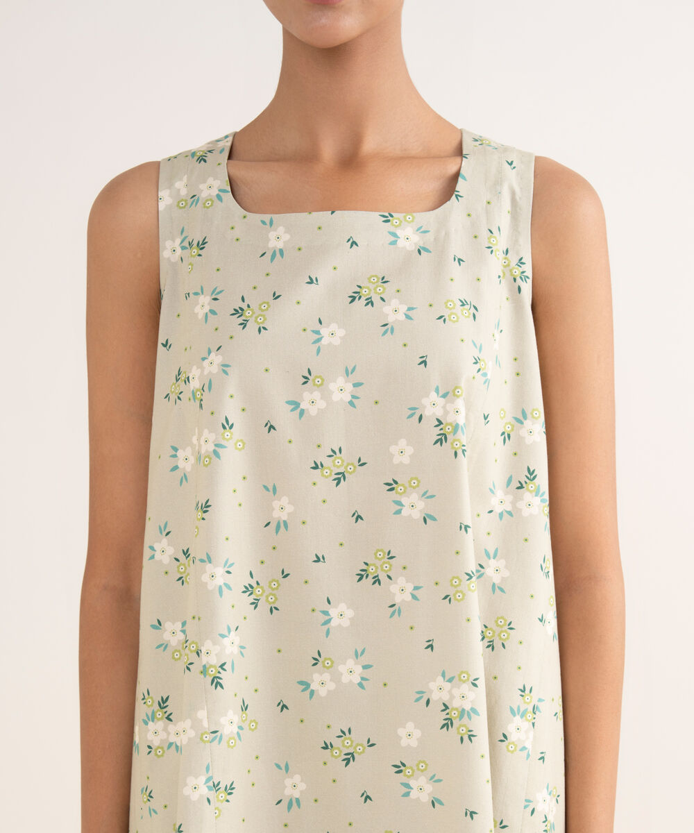 Women's Unstitched Cotton Printed Beige 3 Piece Suit