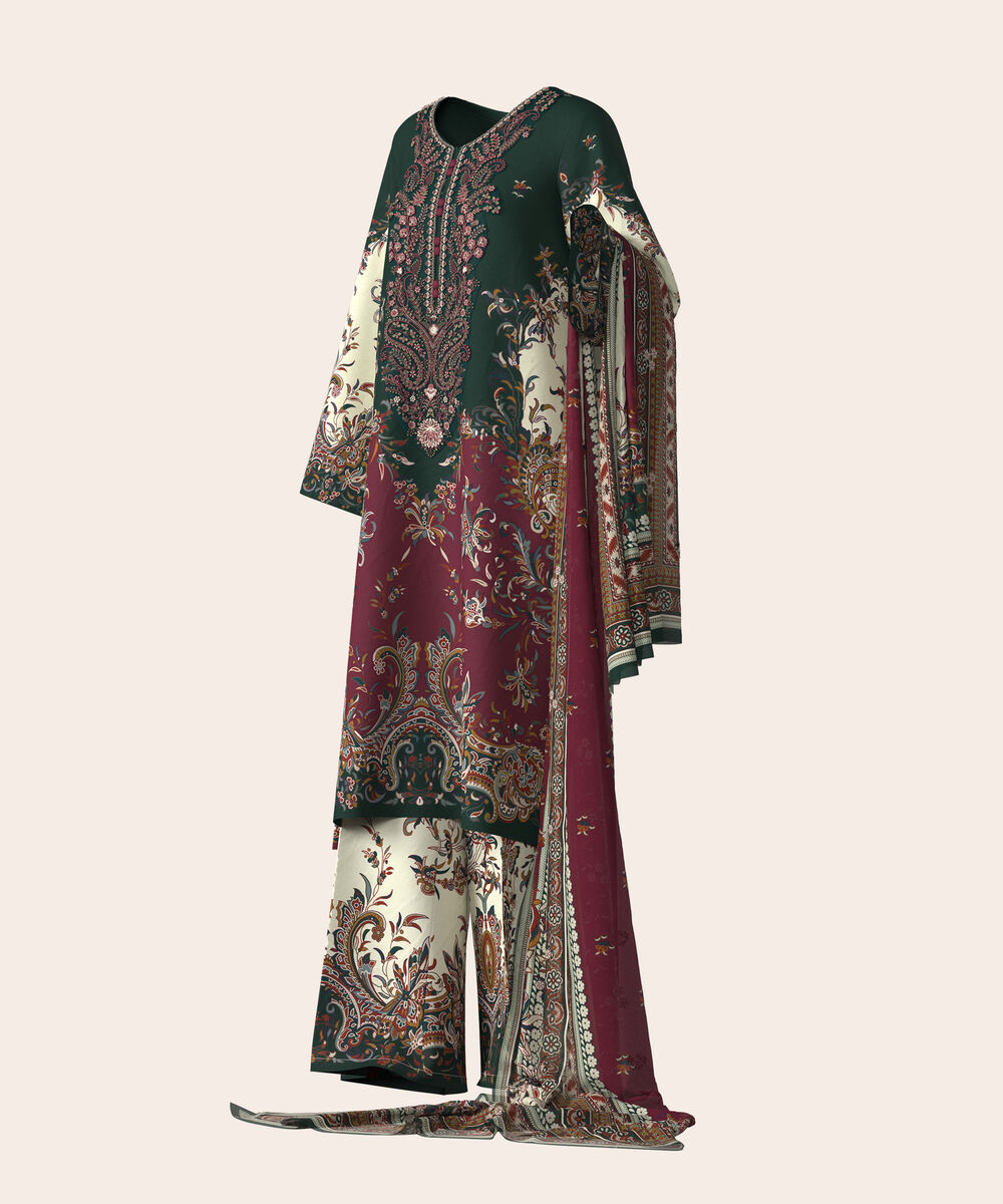 Women's Unstitched Lawn Multi  Embroidered 3 Piece Suit