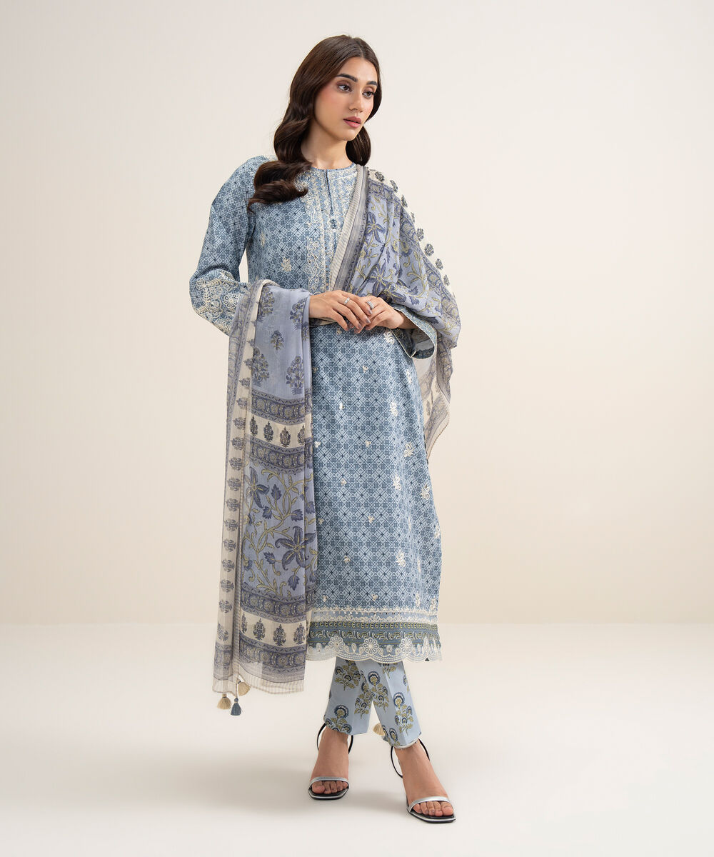 Women's Unstitched Lawn Embroidered Ice Blue 3 Piece Suit