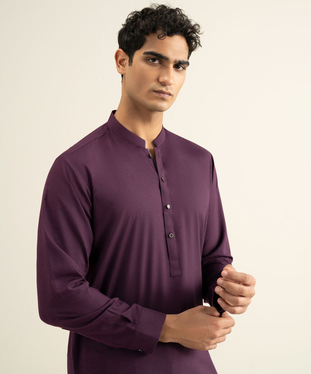 Men's plum Blended Linen Kameez Shalwar