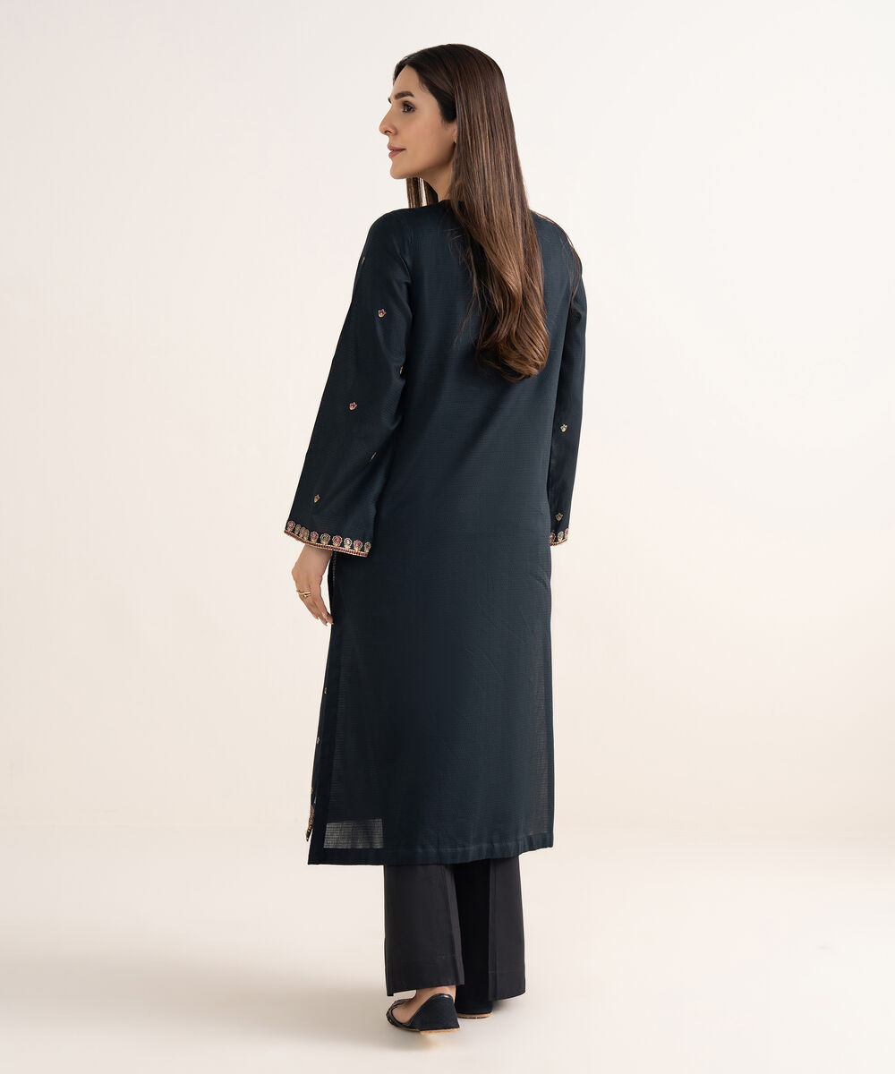 Women's RTW Textured Cotton Black Embroidered A-Line Shirt