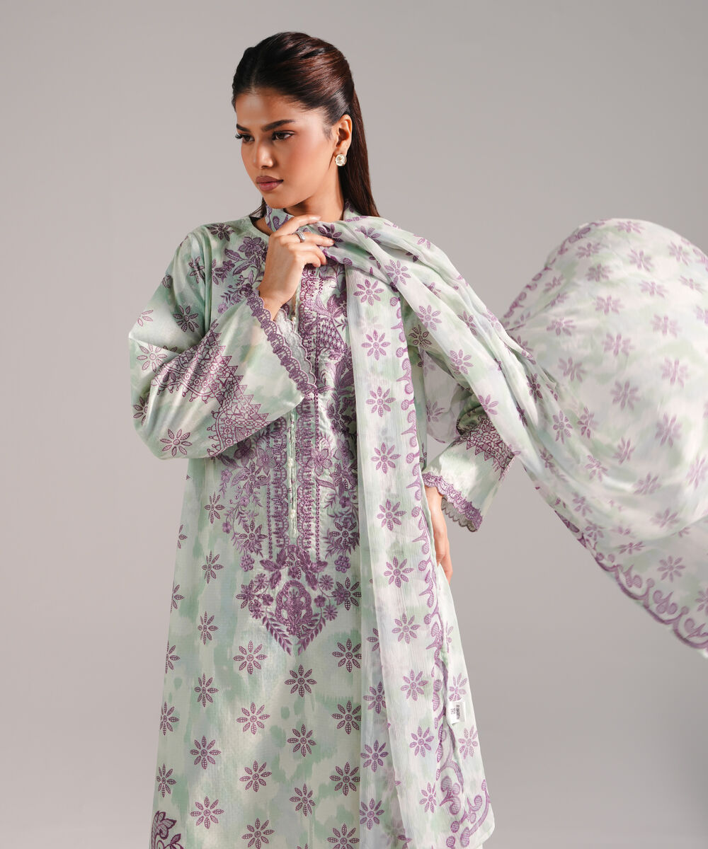 Women's RTW Dobby Embroidered Green 3 Piece Suit