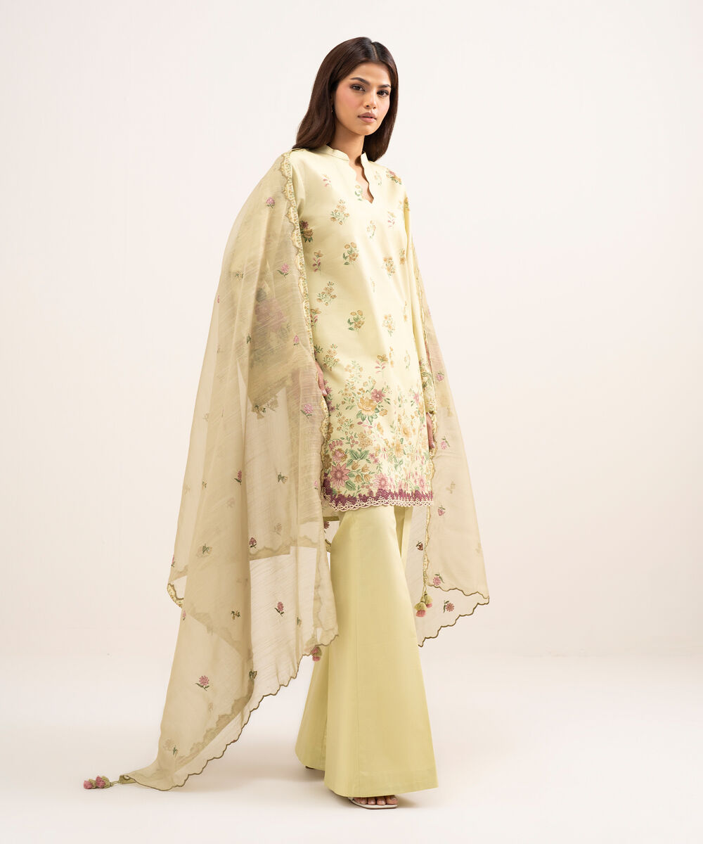 Women's Unstitched Lawn Embroidered Yellow 3 Piece Suit