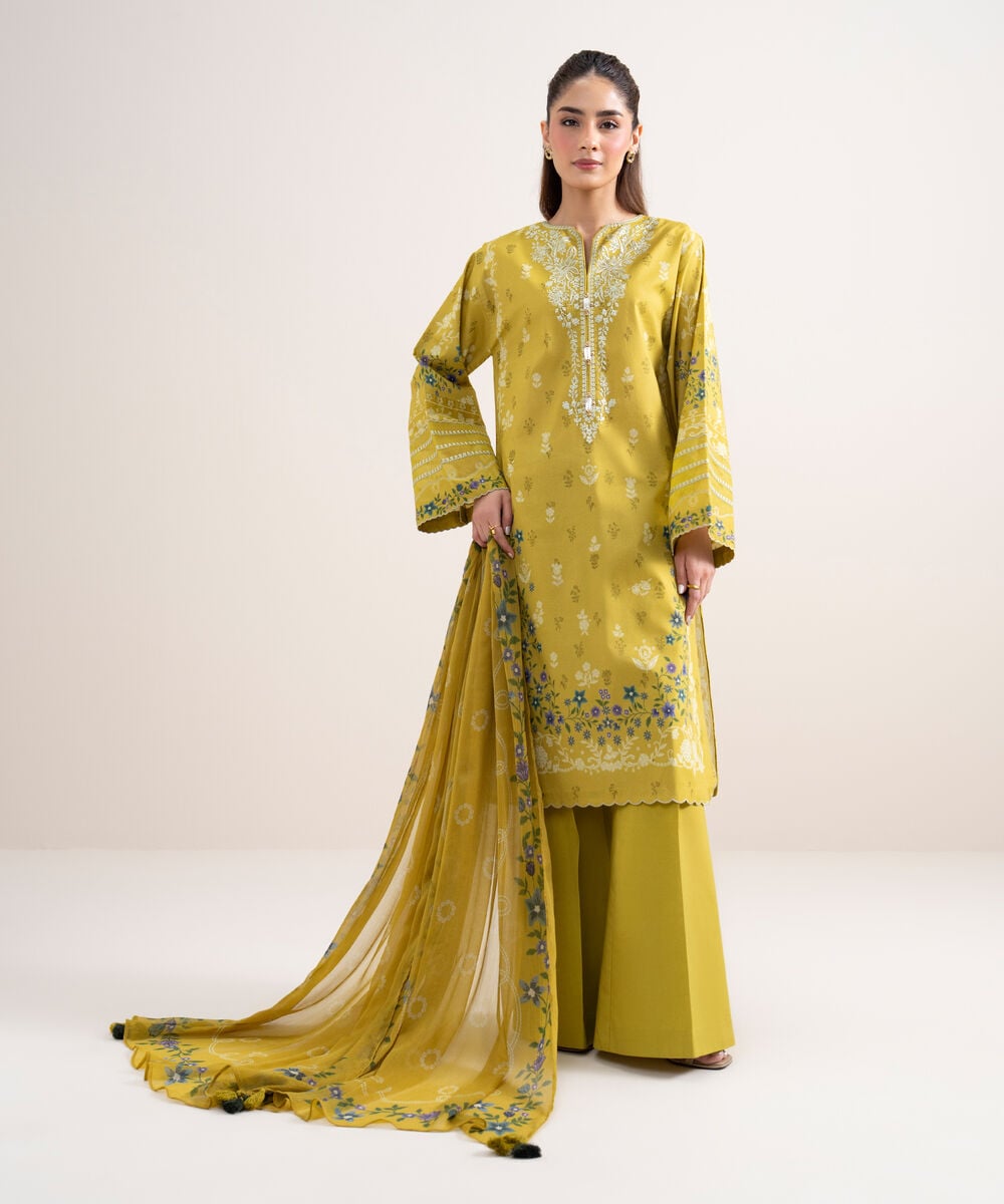 Women's Unstitched Lawn Embroidered Yellow 3 Piece Suit