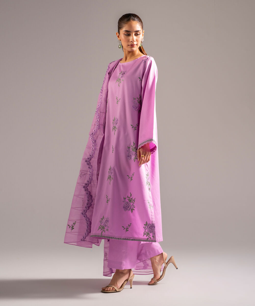 Women's RTW Cotton Satin Embroidered Lavender 3 Piece Suit