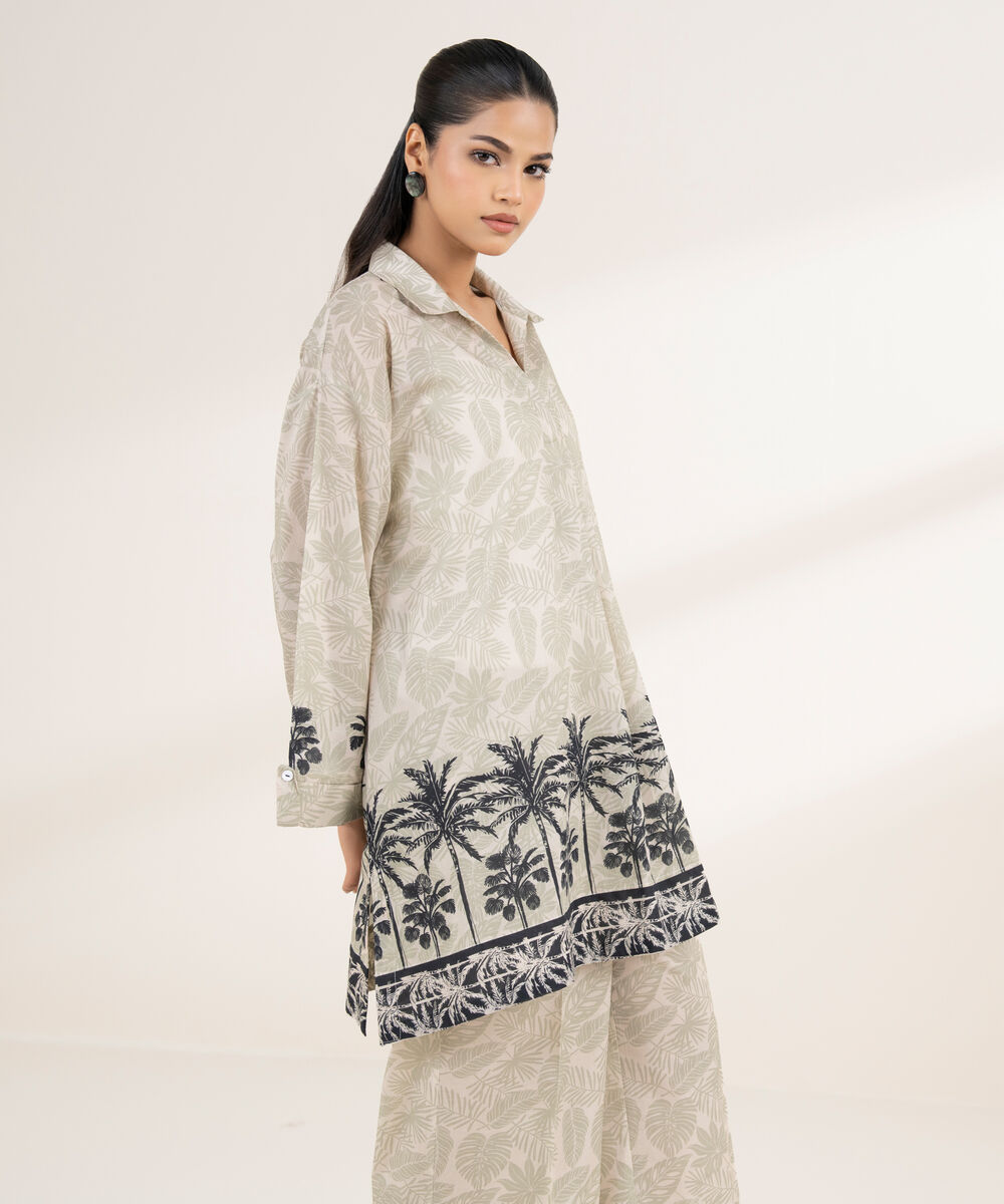 Women's RTW Lawn Beige Printed Boxy Shirt