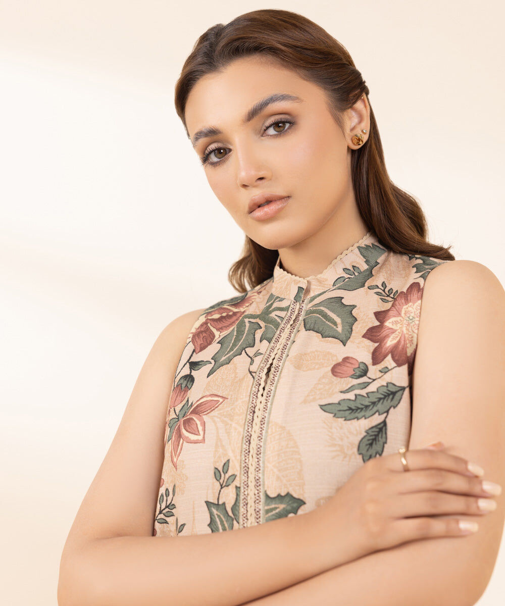 Women's Unstitched Khaddar Printed Beige Shirt