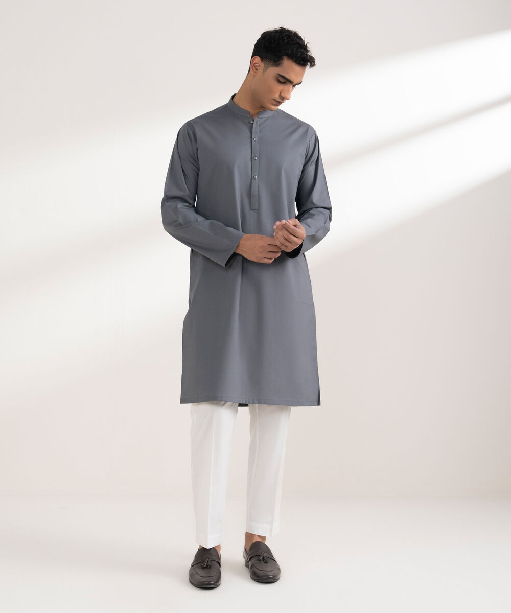 Men's Stitched Cotton Dobby Grey Kurta