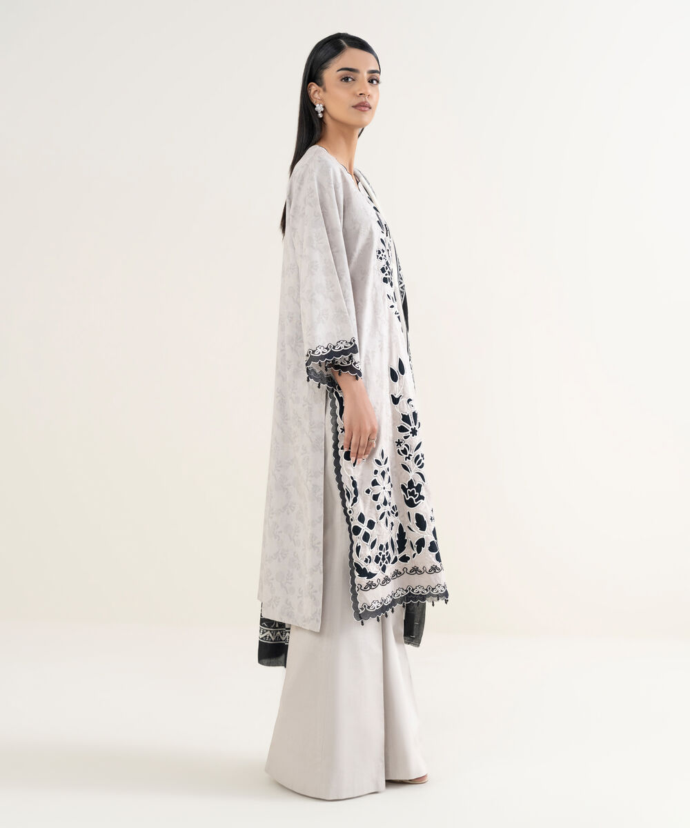 Women's Unstitched Embroidered Cotton Jacquard Light Gray 3 Piece Suit