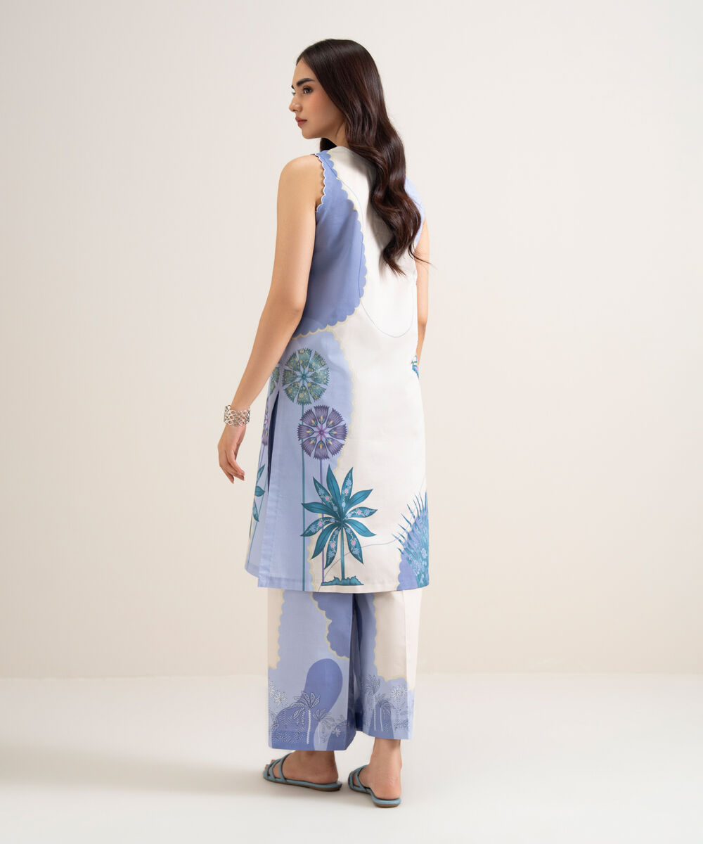Women's Unstitched Lawn Printed Off White & Blue  2 Piece Suit