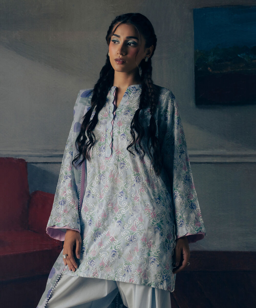 Women's RTW Dobby Embroidered Blue 3 Piece Suit