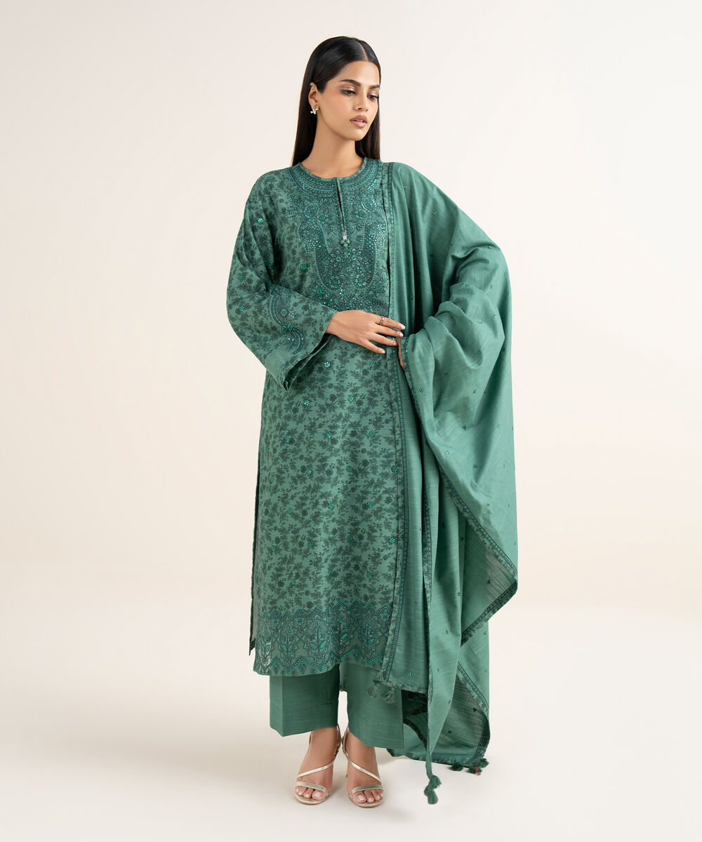 Women's Unstitched Cotton Embroidered Green 3 Piece Suit