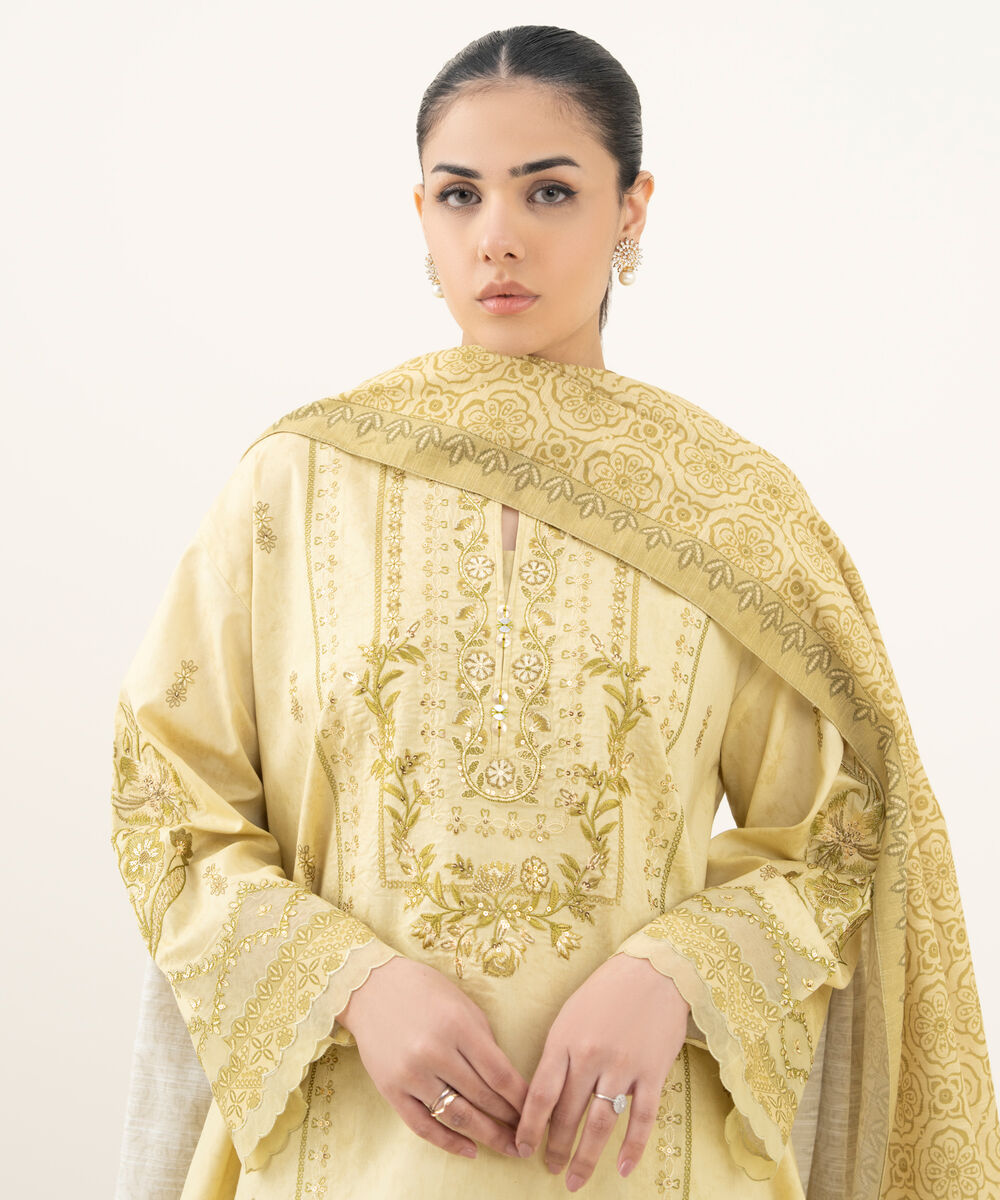 Women's Unstitched Embroidered Cotton Jacquard Lime Yellow 3 Piece Suit