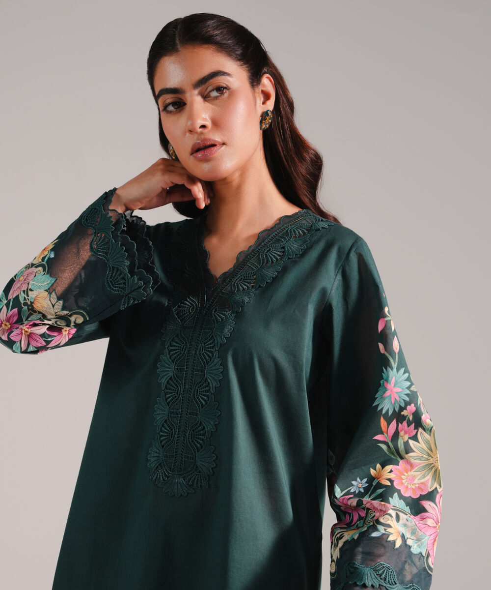 Women's RTW Lawn Printed Dark Green Straight Shirt