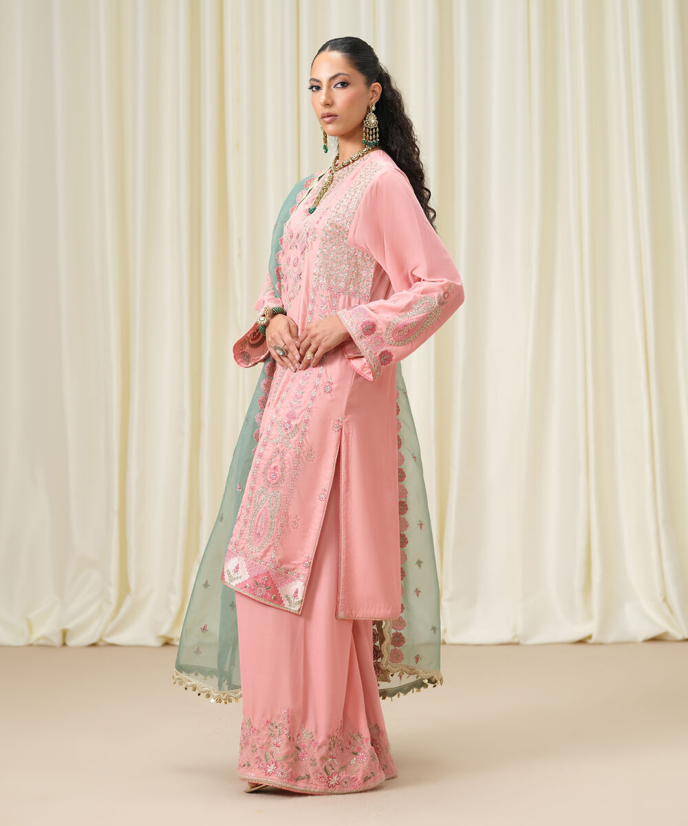 Women's Unstitched Embroidered Velvet Pink 3 Piece Suit