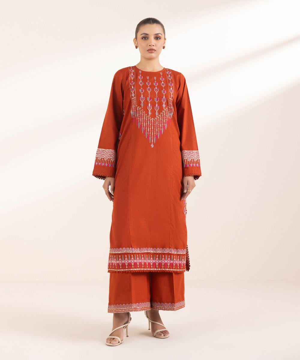 Women's Pret Multineps Orange Embroidered A-Line Shirt