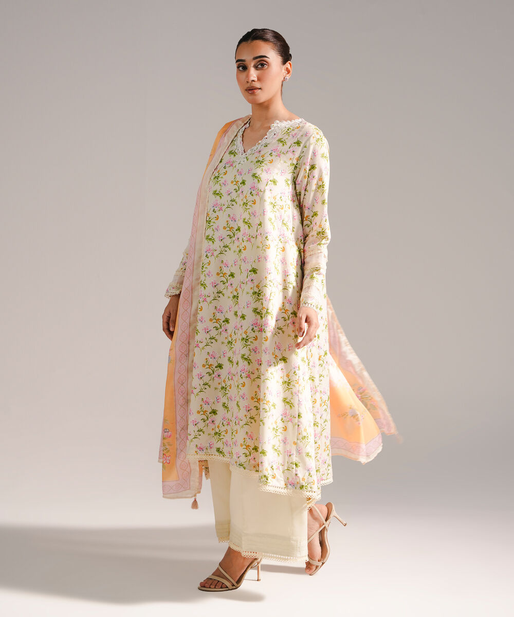 Women's RTW Cotton Satin Embroidered Pale Green 3 Piece Suit