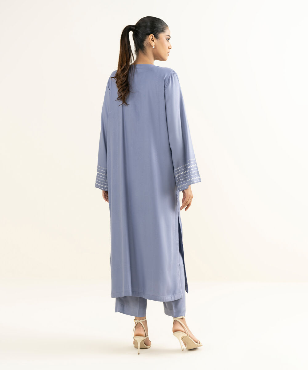 Women's RTW Bedford  Embroidered Blue Straight 2 Piece Suit