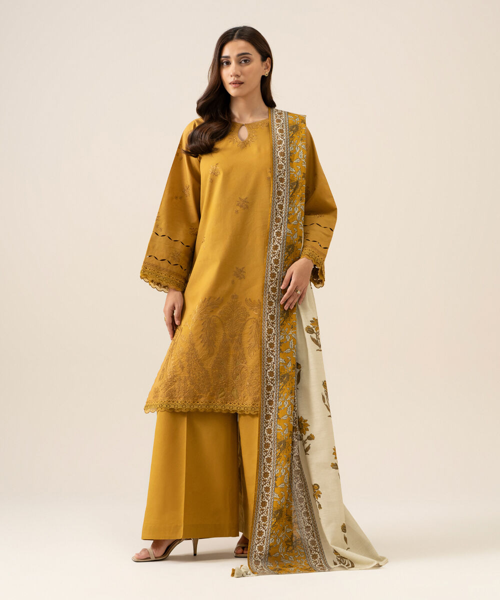 Women's Unstitched Lawn Embroidered Mustard 3 Piece Suit
