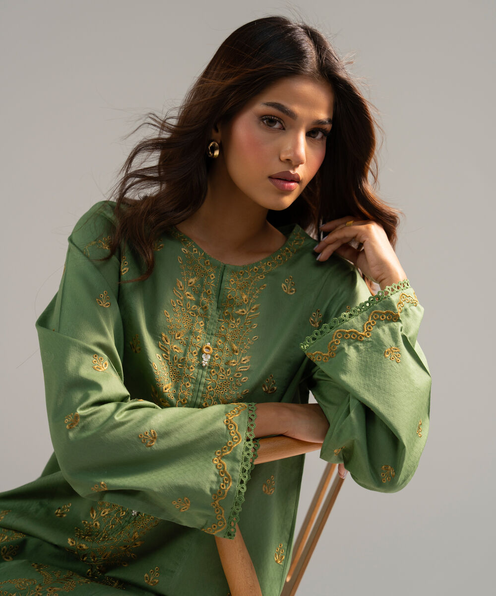 Women's RTW Dobby Embroidered Green 2 Piece Suit