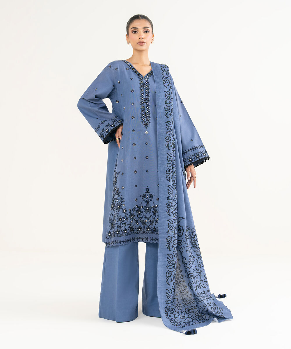 Women's Unstitched Light Khaddar Embroidered Blue 3 Piece Suit