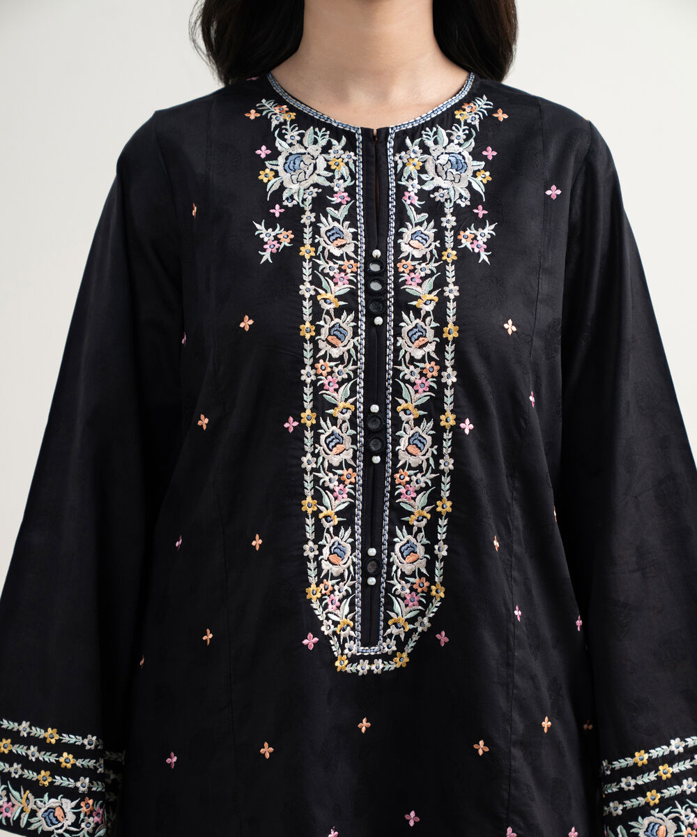 Women's RTW Self Jacquard Embroidered Black 3 Piece Suit