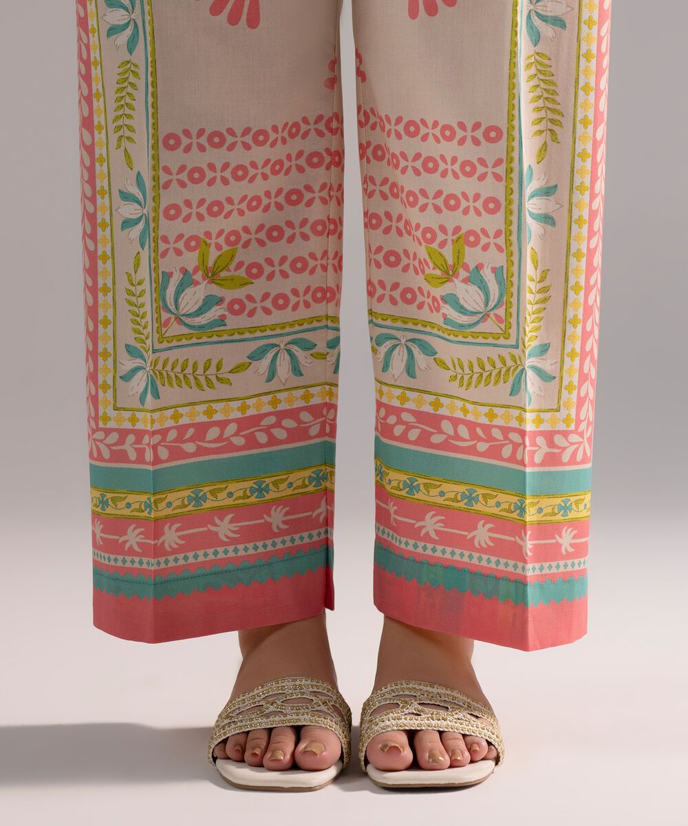 Women's RTW Cambric Printed Off White Straight Pants