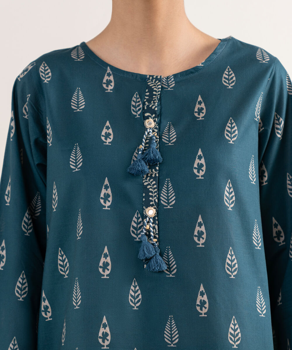 Women's RTW Textured Lawn Blue Printed A-Line Shirt