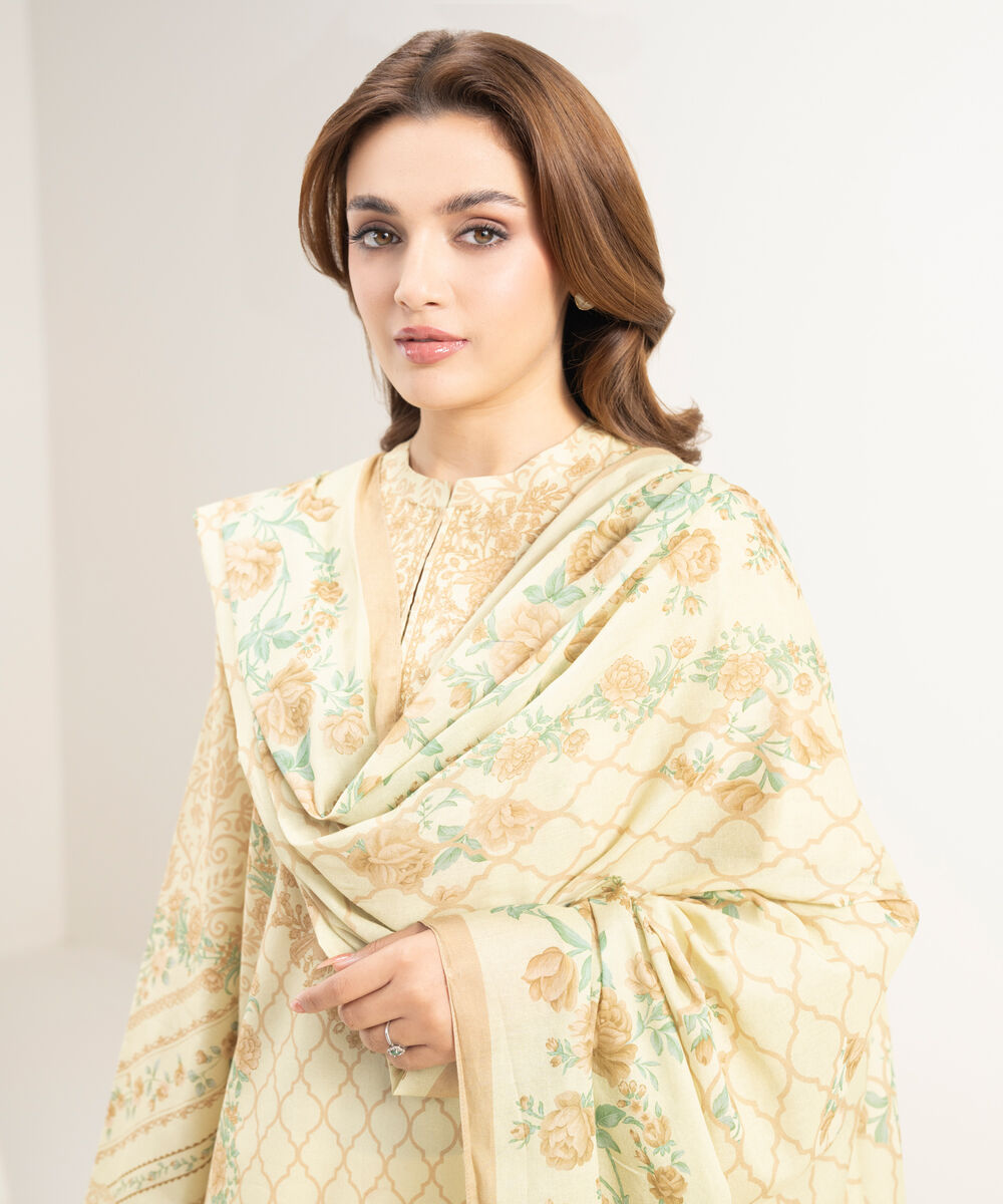 Women's Unstitched Lawn Printed Yellow 3 Piece Suit