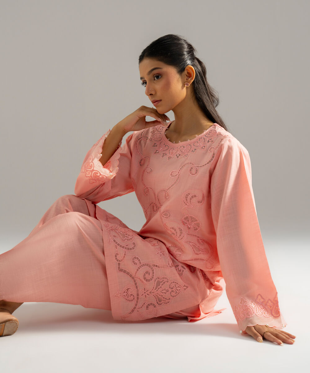 Women's RTW Cross Hatch Solid Embroidered Pink 2 Piece Suit