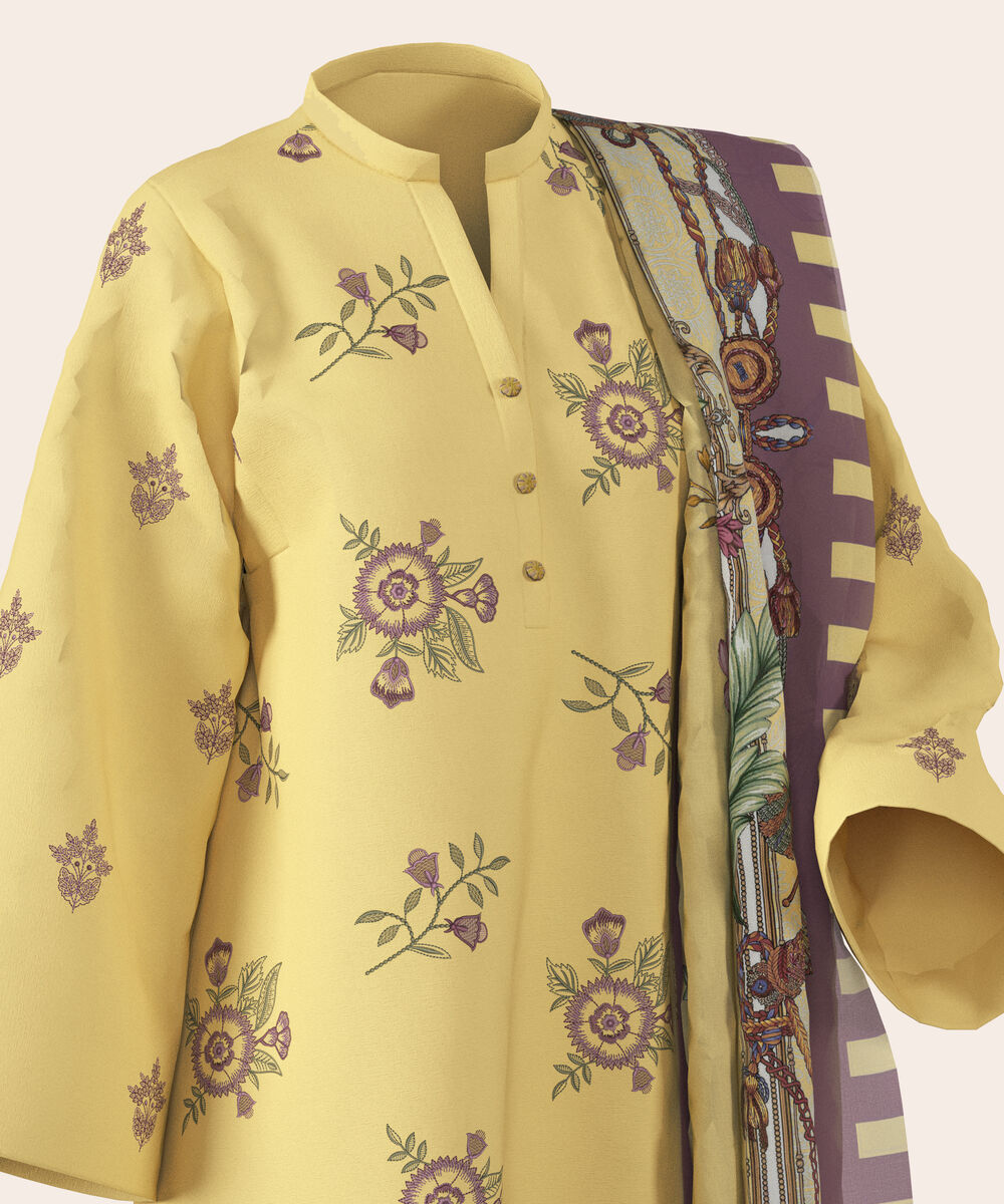 Women's Unstitched Lawn Dull Yellow  Embroidered 3 Piece Suit