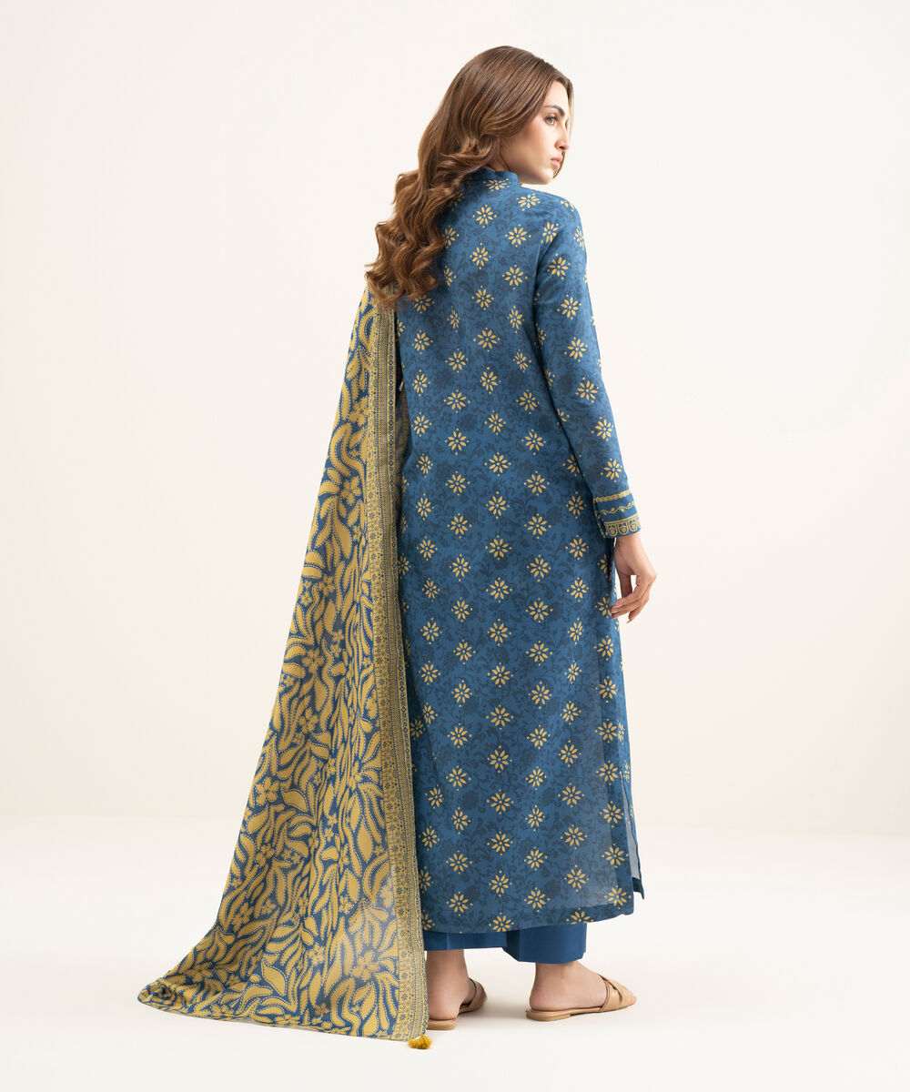 Women's Unstitched Lawn Blue Printed 3 Piece Suit