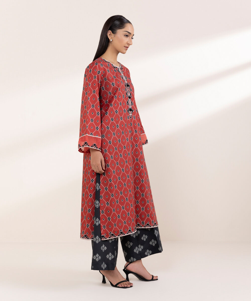 Women's RTW Cotton Viscose Red Embroidered A-Line Shirt