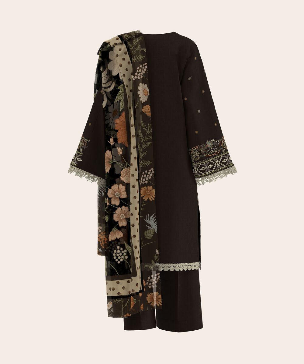 Women's Unstitched Self Jacquard Black  Embroidered 3 Piece Suit