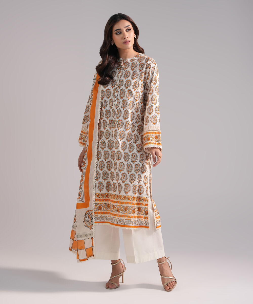 Women's RTW Lawn Printed Off White 3 Piece Suit