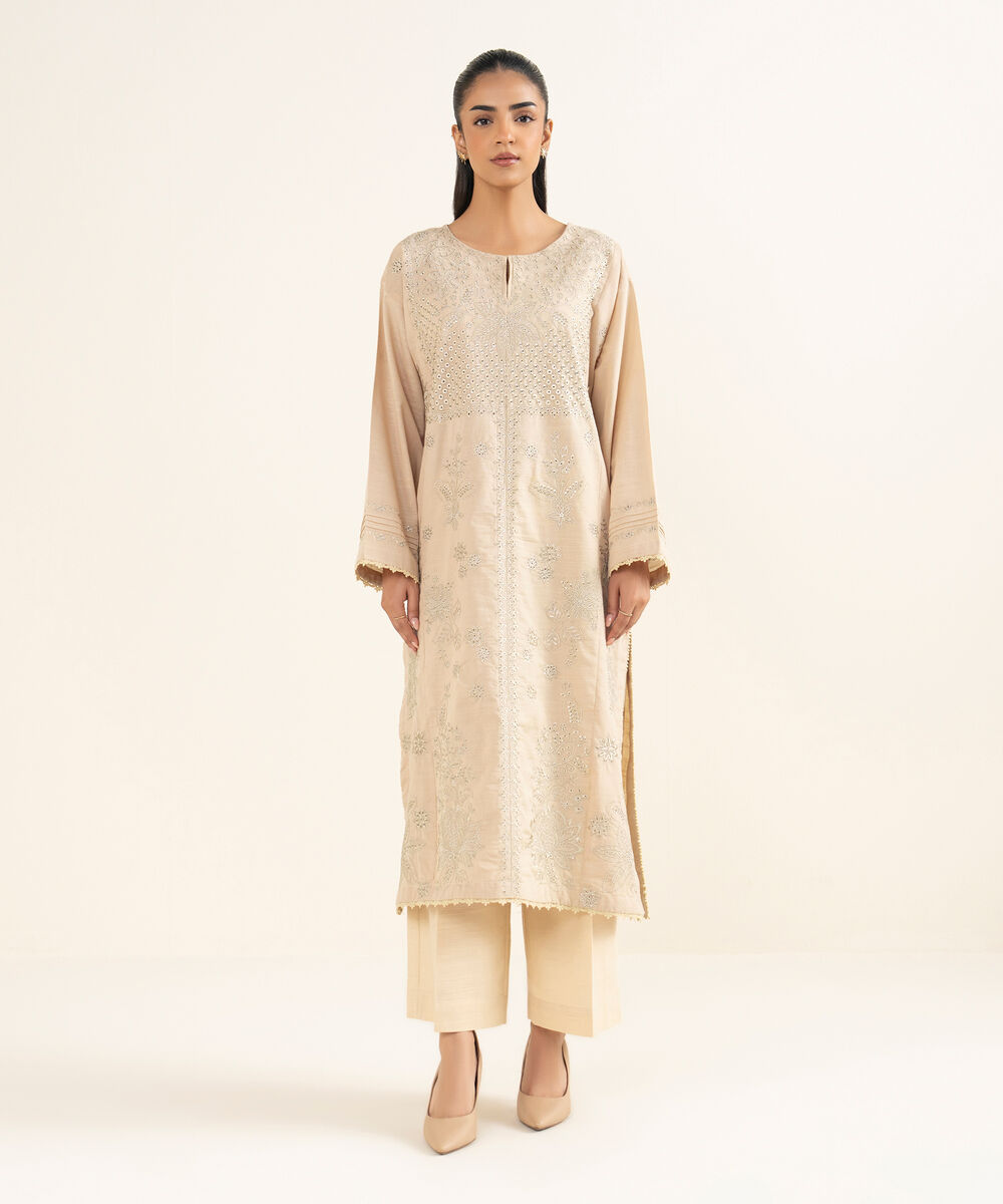 Women's RTW Light Khaddar Embroidered Beige A-Line Shirt