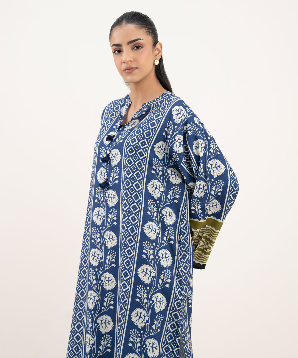 Women's RTW Viscose Linen Printed Straight Blue Shirt