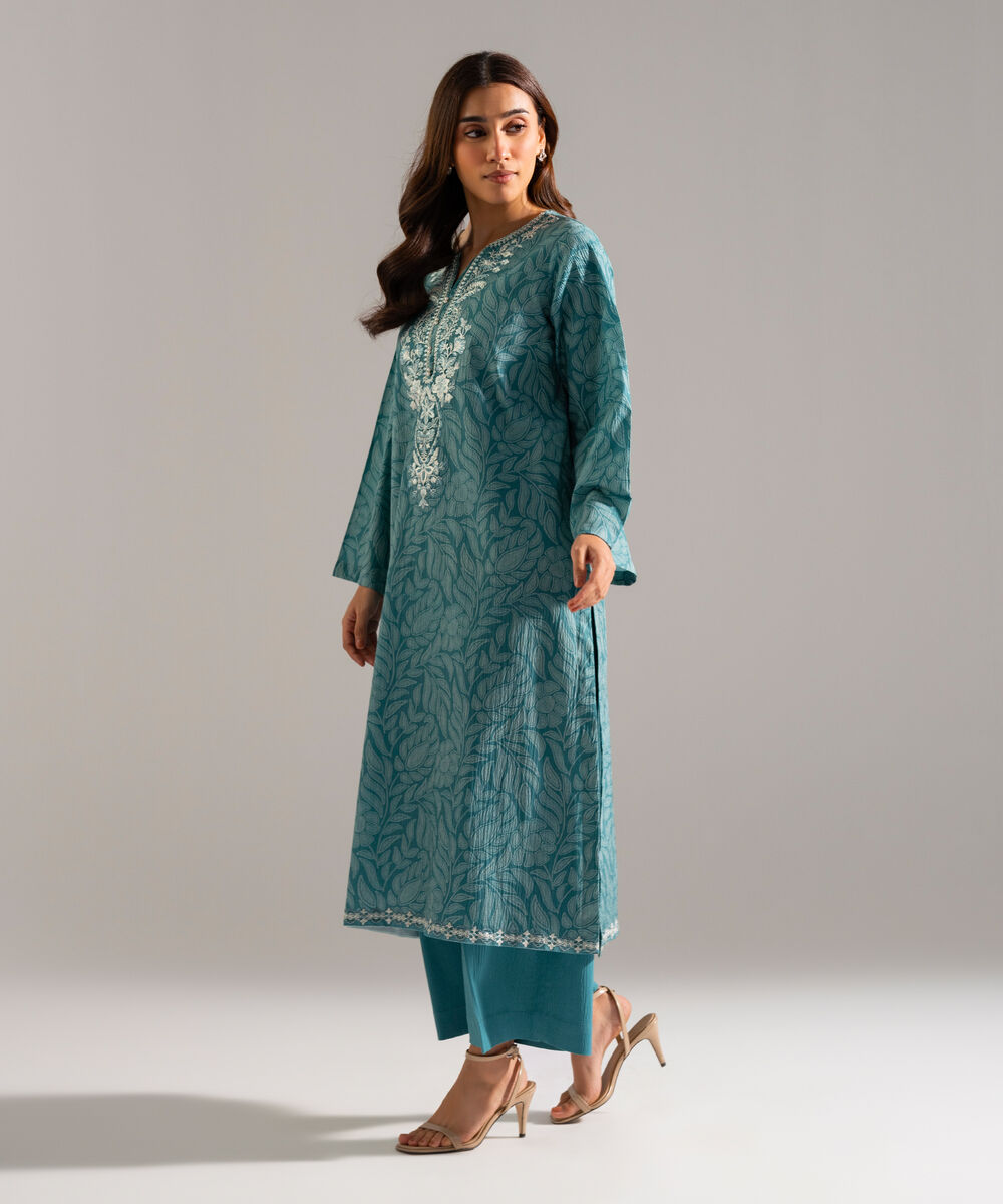 Women's RTW Seersucker Embroidered Green 2 Piece Suit