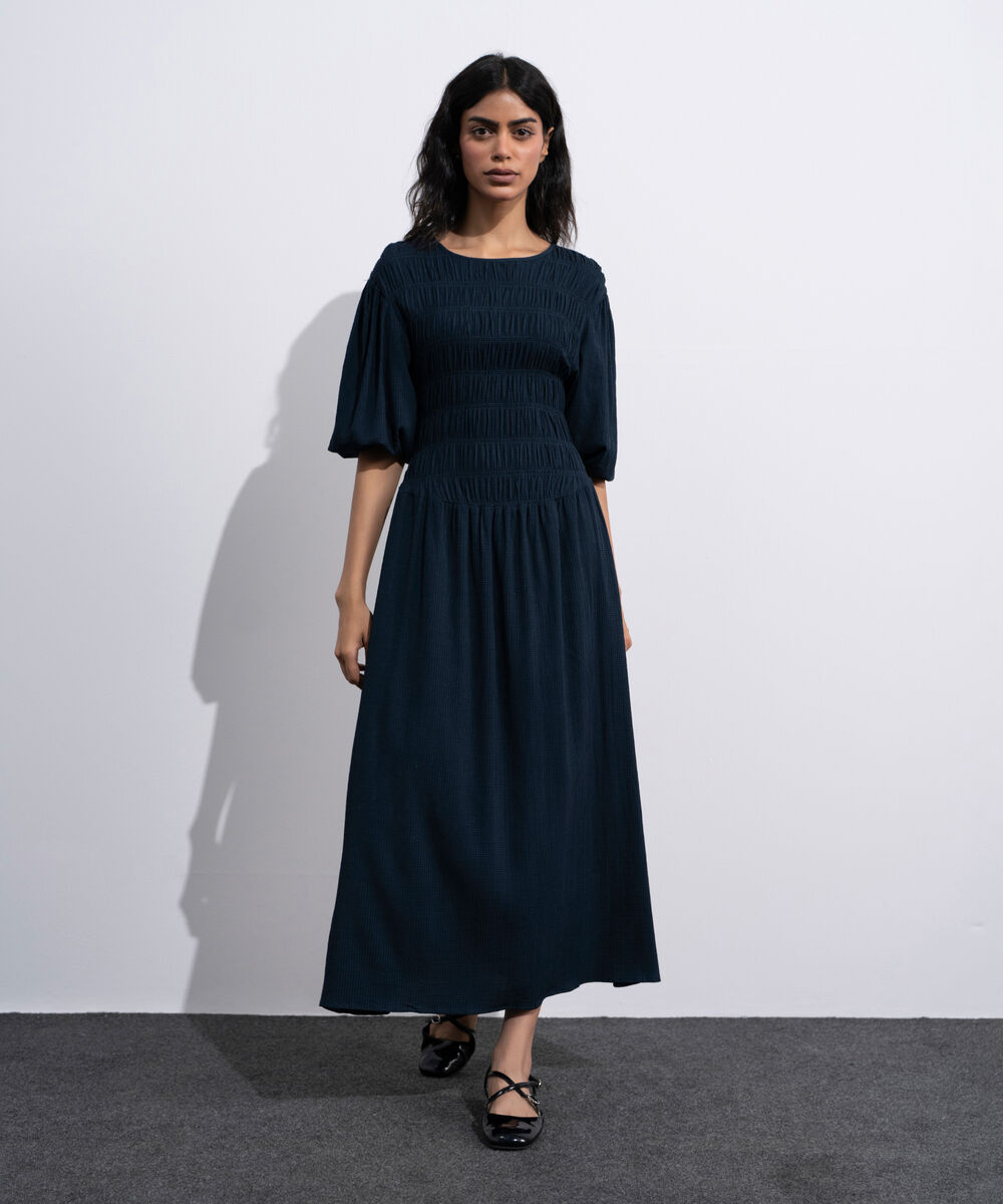 Women's Blue  Smocked Seersucker Dress
