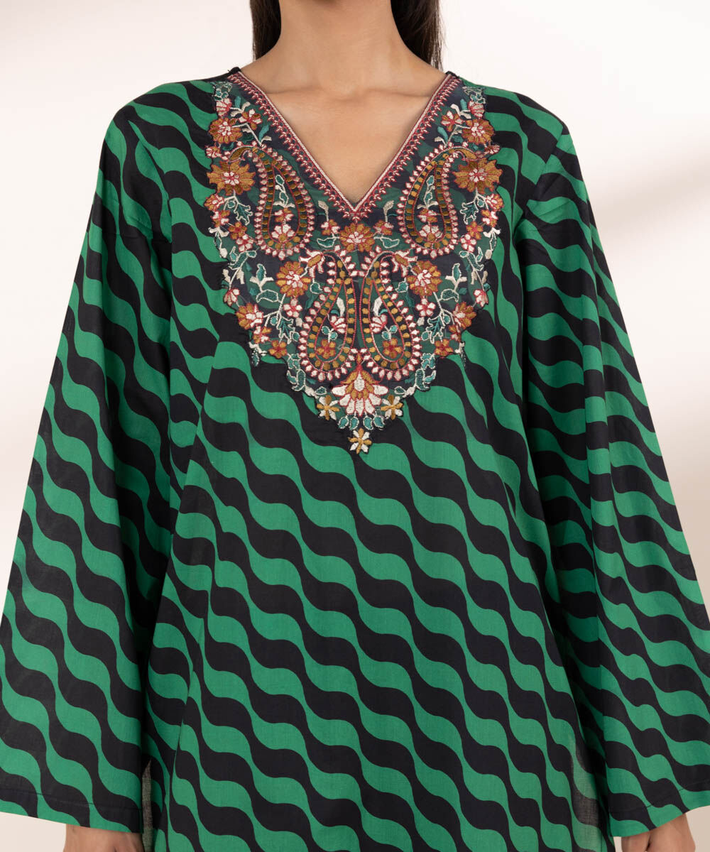 Women's RTW Lawn Green Embroidered A-Line Shirt