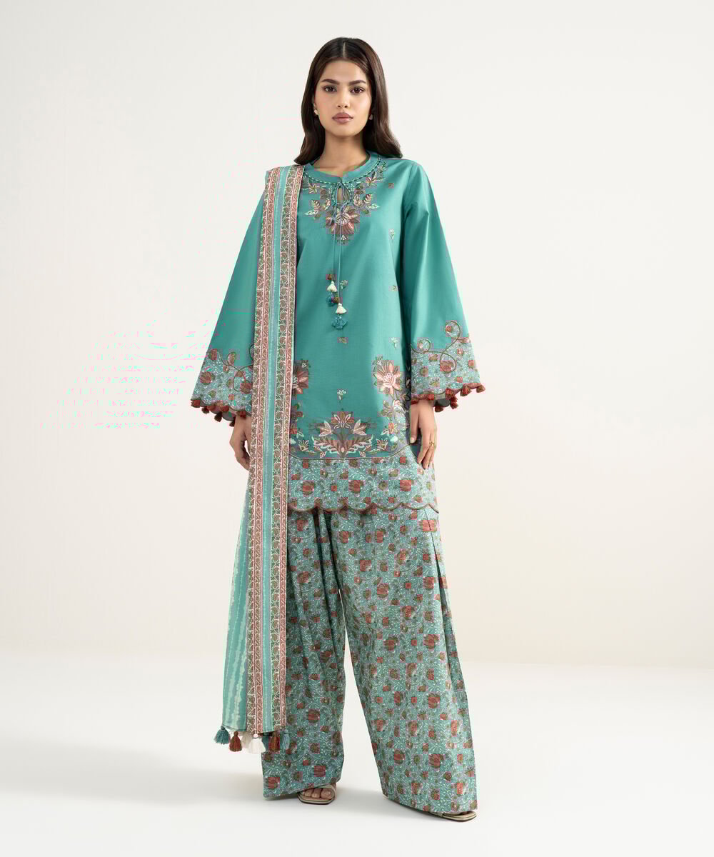 Women's Unstitched Textured Lawn Embroidered Green 3 Piece Suit