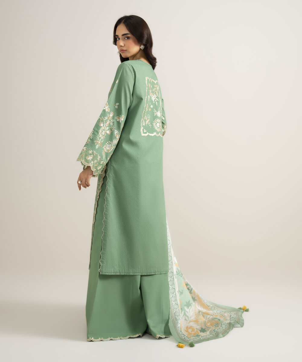 Women's Unstitched Self Jacquard Embroidered Green 3 Piece Suit