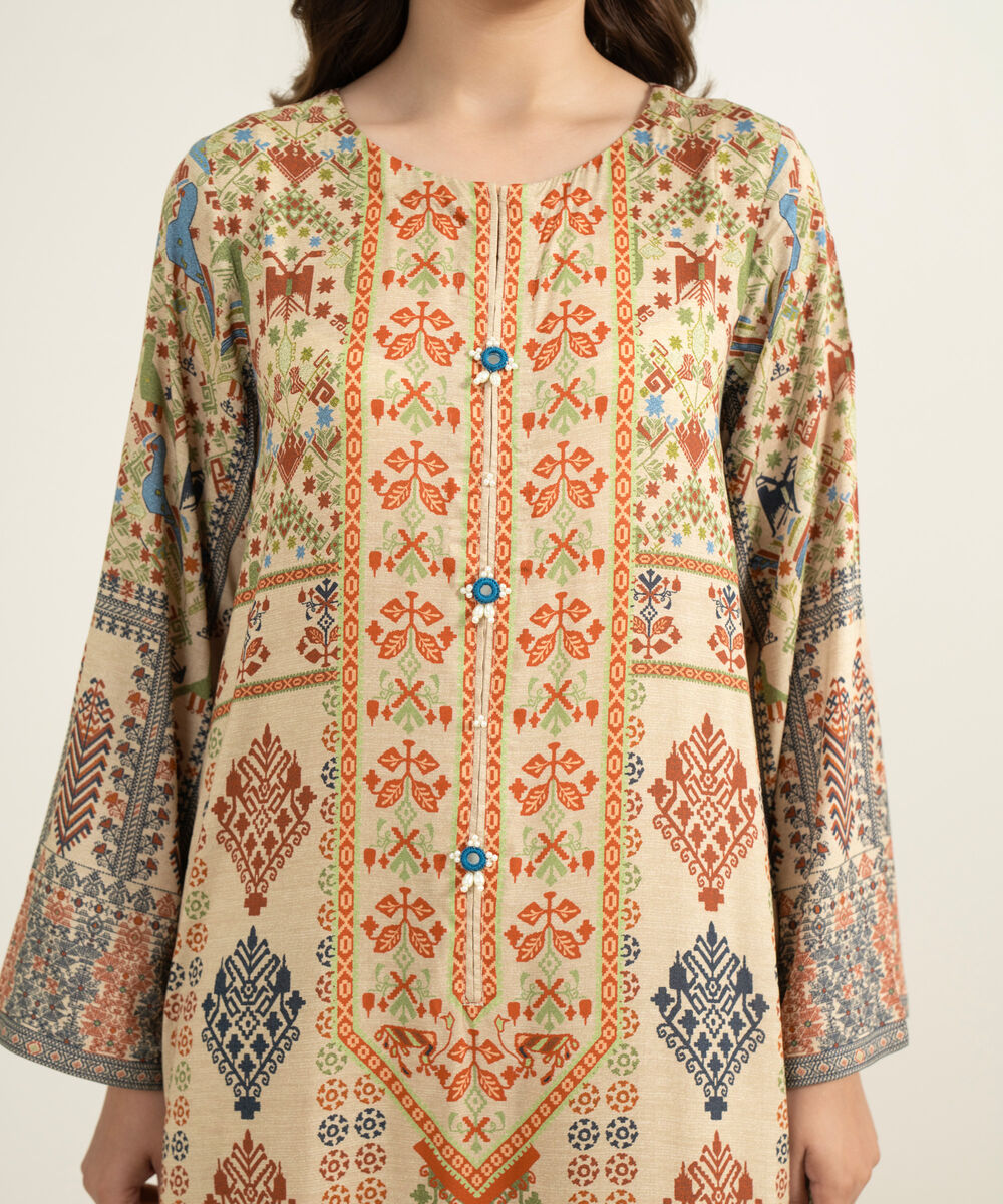 Women's RTW Viscose Raw Silk Printed Beige 3 Piece Suit