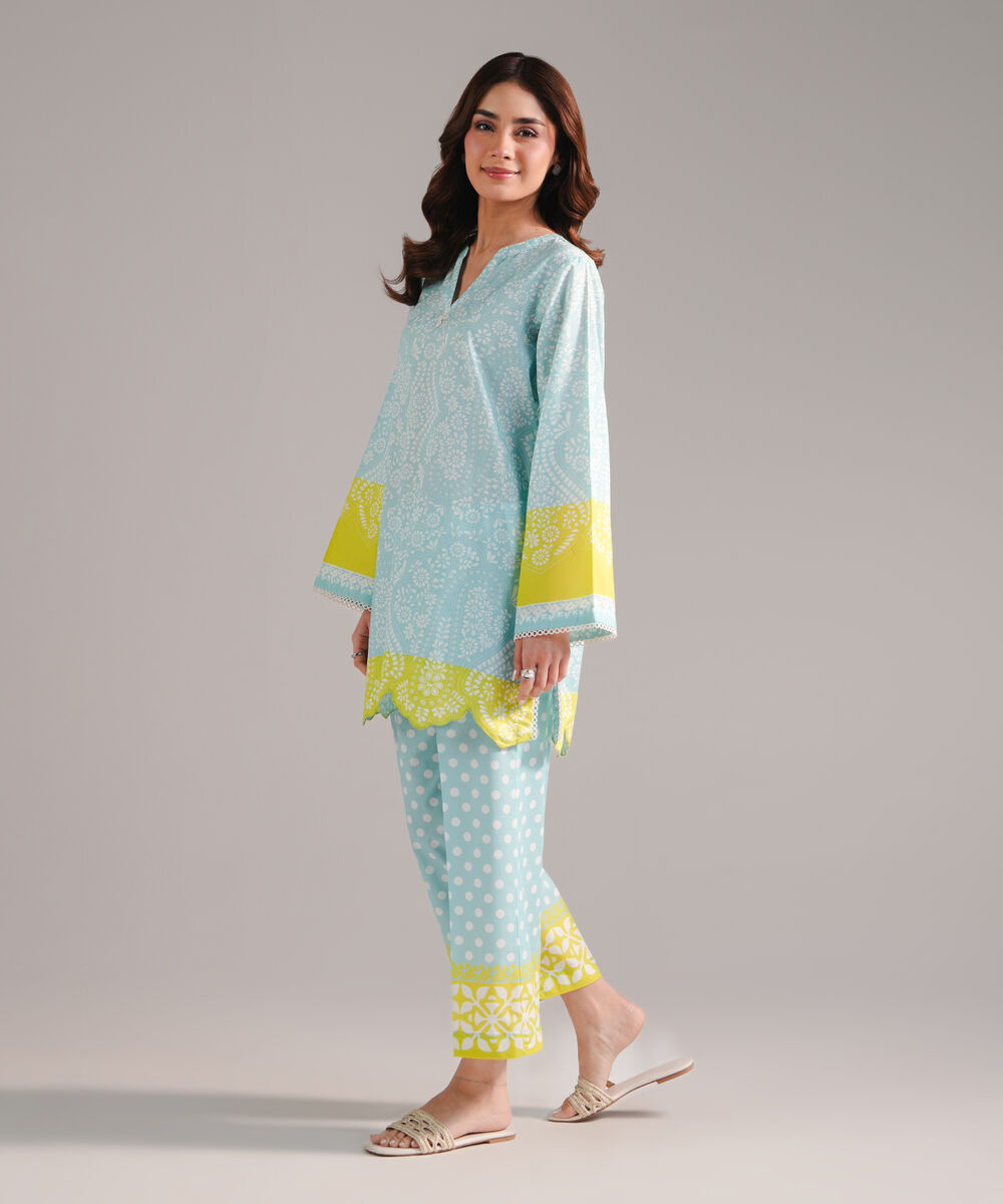 Women's RTW Cambric Printed Light Blue Straight Shirt